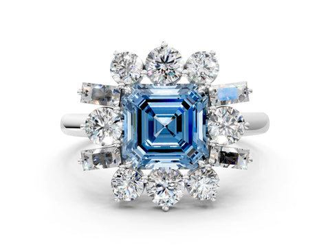 White gold Fancy Blue Asscher Cut Diamond Cluster Ring with Round and Baguette Stones, Split Shank Band, Prong Setting