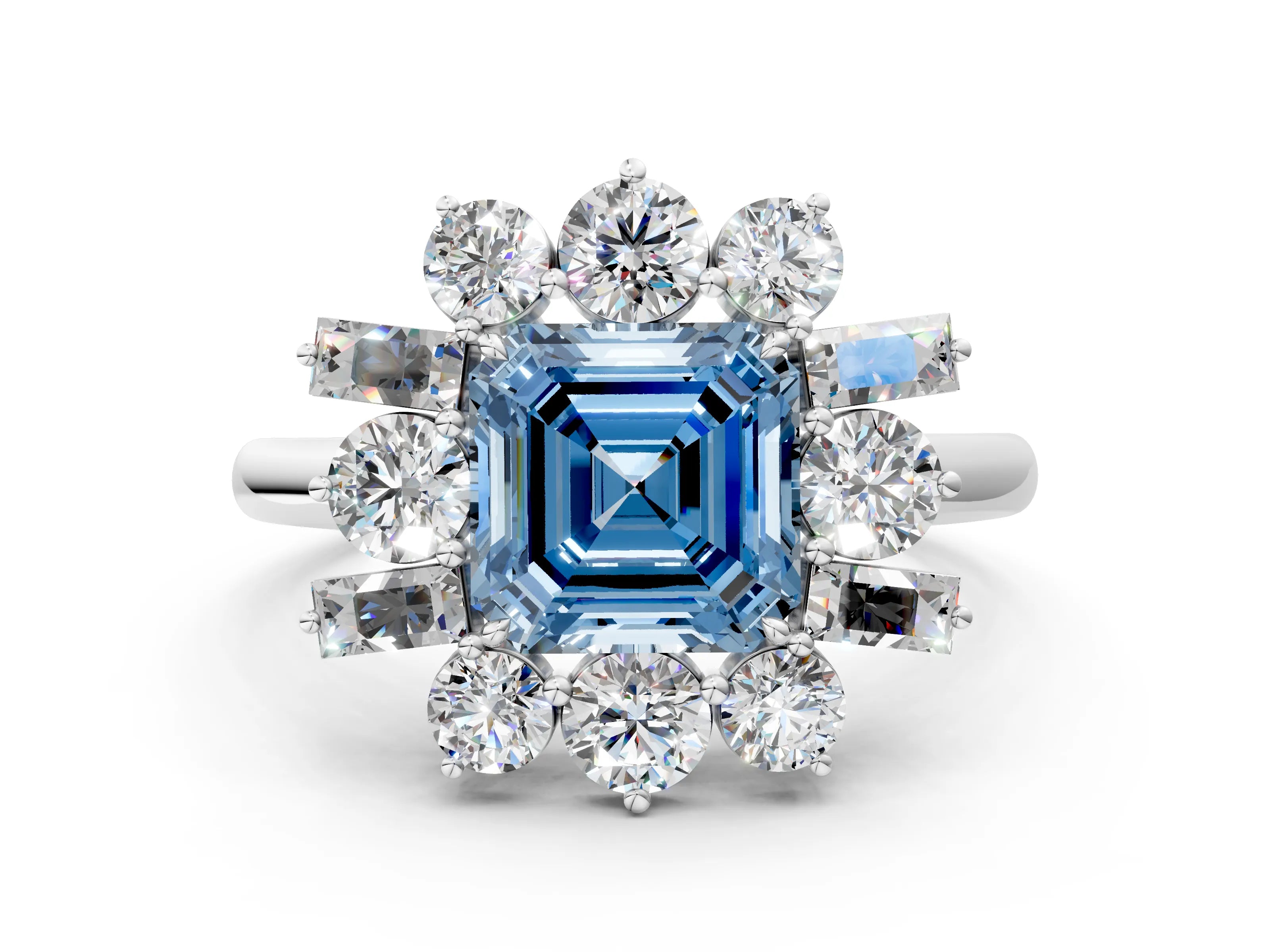White gold Fancy Blue Asscher Cut Diamond Cluster Ring with Round and Baguette Stones, Split Shank Band, Prong Setting_12