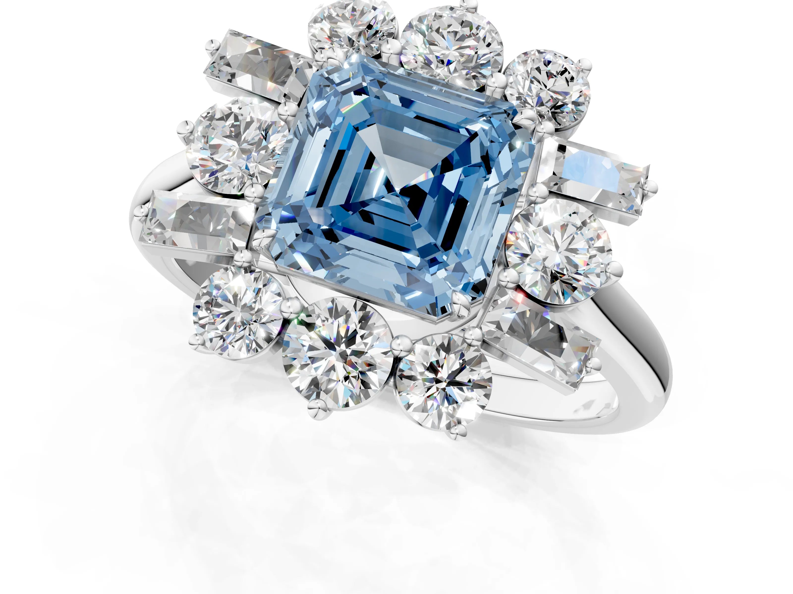White gold Fancy Blue Asscher Cut Diamond Cluster Ring with Round and Baguette Stones, Split Shank Band, Prong Setting_13