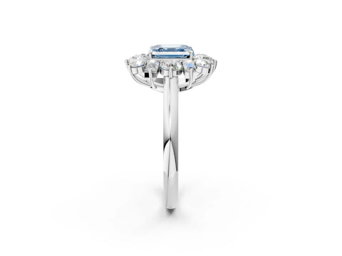 White gold Fancy Blue Asscher Cut Diamond Cluster Ring with Round and Baguette Stones, Split Shank Band, Prong Setting_14