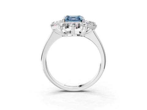 White gold Fancy Blue Asscher Cut Diamond Cluster Ring with Round and Baguette Stones, Split Shank Band, Prong Setting_15