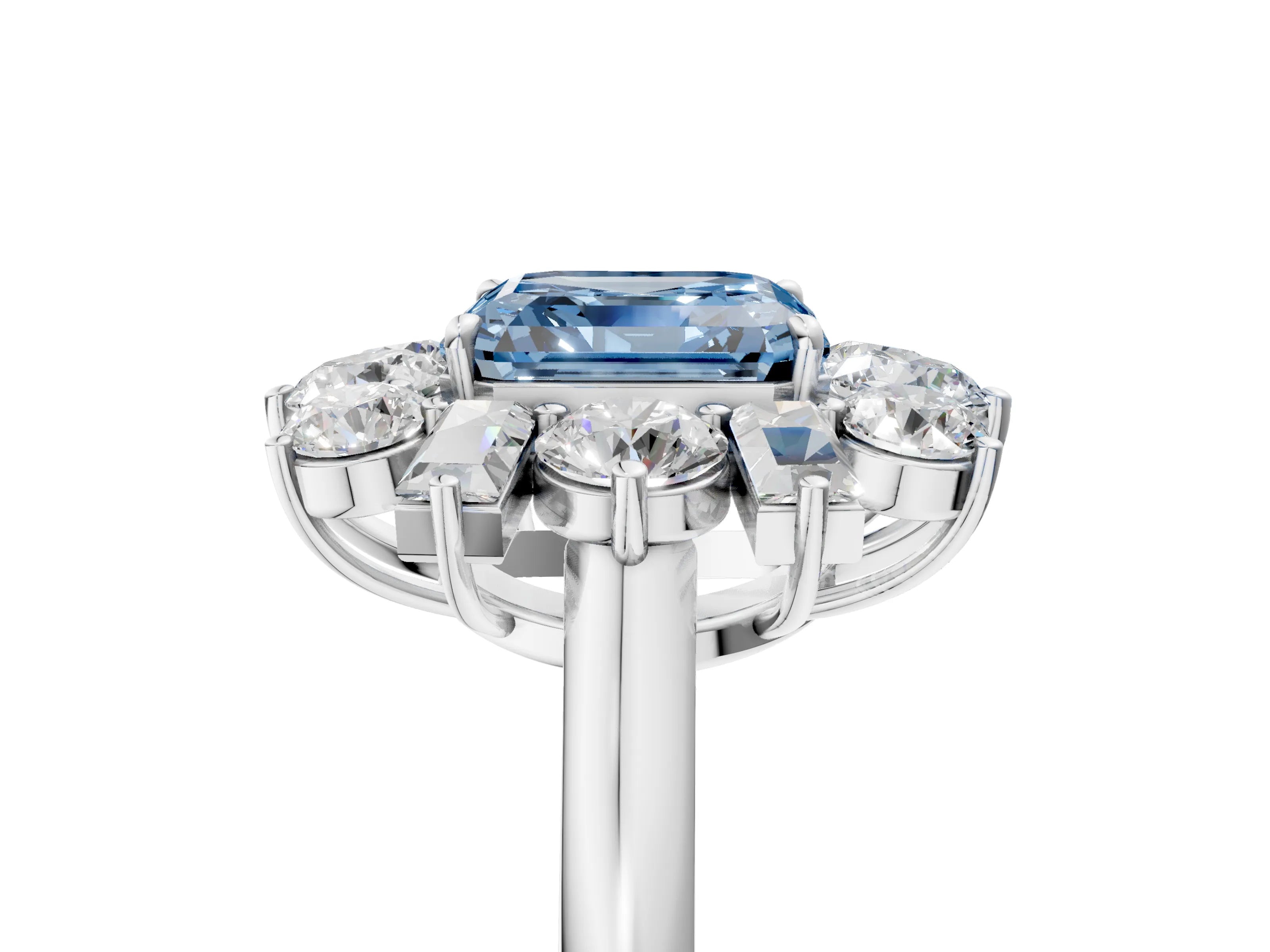 White gold Fancy Blue Asscher Cut Diamond Cluster Ring with Round and Baguette Stones, Split Shank Band, Prong Setting_17