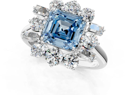 White gold Fancy Blue Asscher Cut Diamond Cluster Ring with Round and Baguette Stones, Split Shank Band, Prong Setting_1