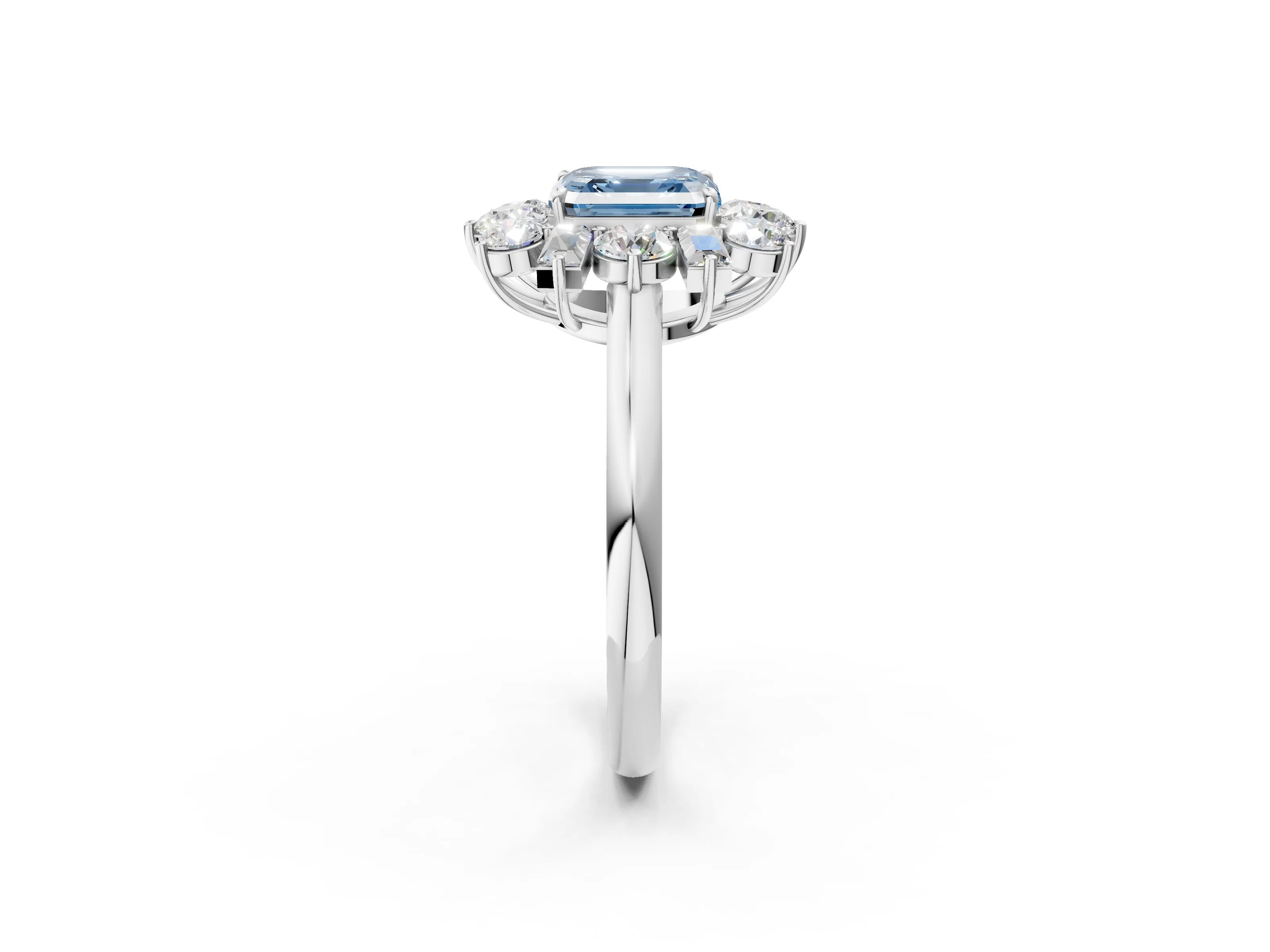 White gold Fancy Blue Asscher Cut Diamond Cluster Ring with Round and Baguette Stones, Split Shank Band, Prong Setting_2