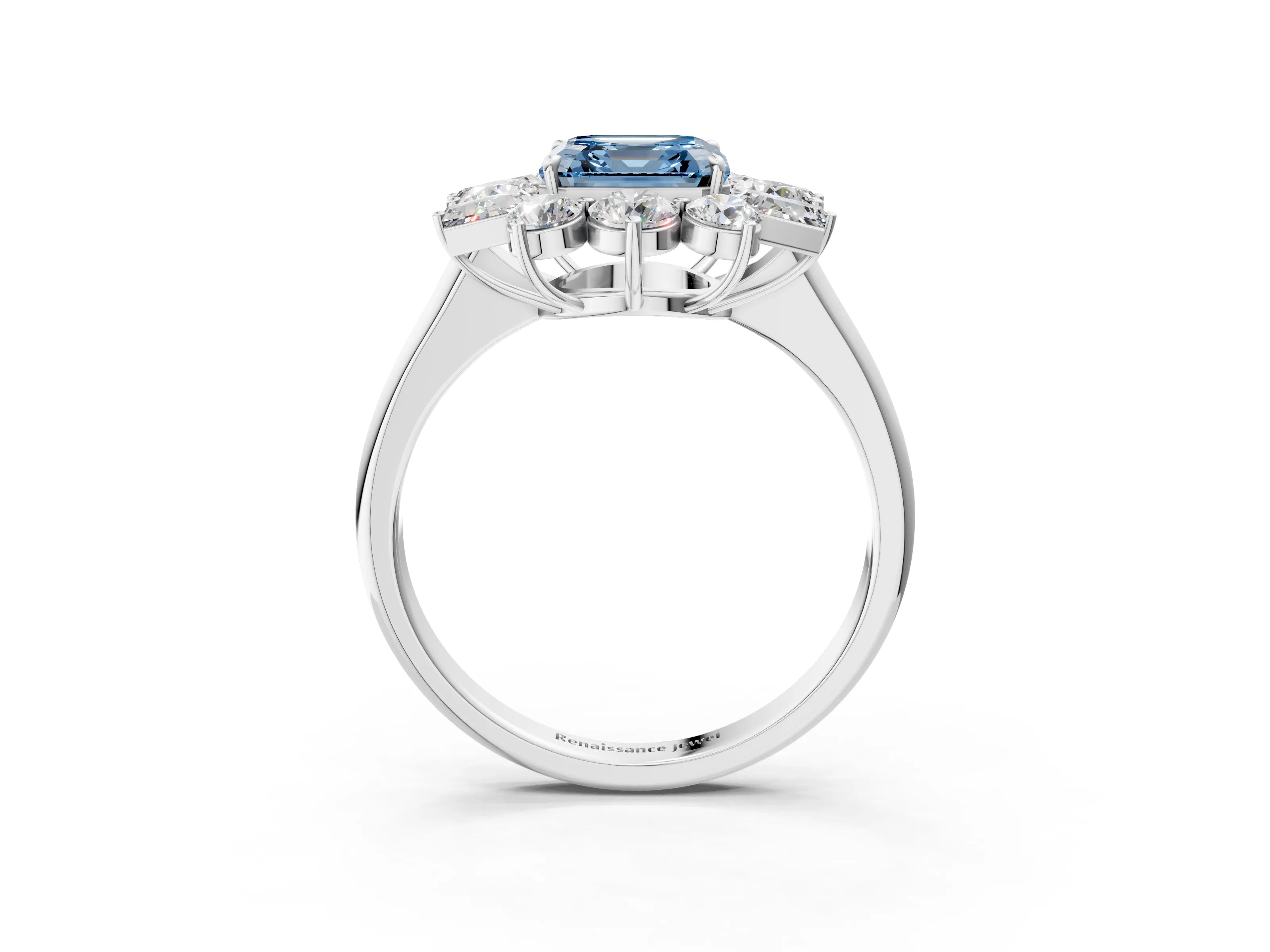 White gold Fancy Blue Asscher Cut Diamond Cluster Ring with Round and Baguette Stones, Split Shank Band, Prong Setting_3