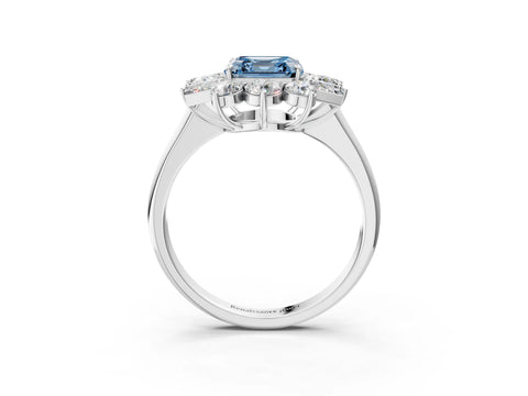 White gold Fancy Blue Asscher Cut Diamond Cluster Ring with Round and Baguette Stones, Split Shank Band, Prong Setting_3