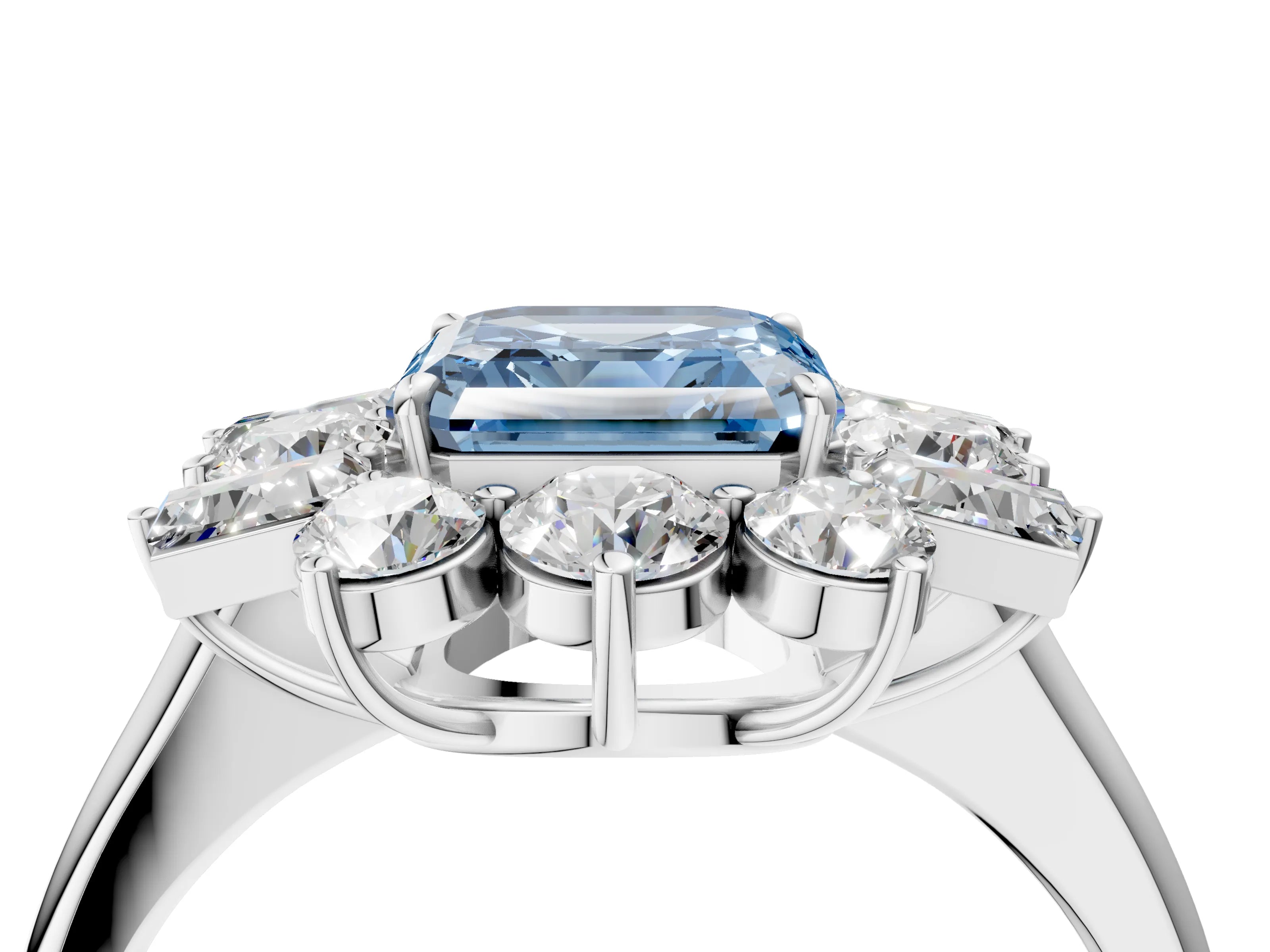 White gold Fancy Blue Asscher Cut Diamond Cluster Ring with Round and Baguette Stones, Split Shank Band, Prong Setting_4