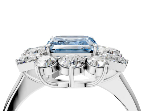 White gold Fancy Blue Asscher Cut Diamond Cluster Ring with Round and Baguette Stones, Split Shank Band, Prong Setting_4