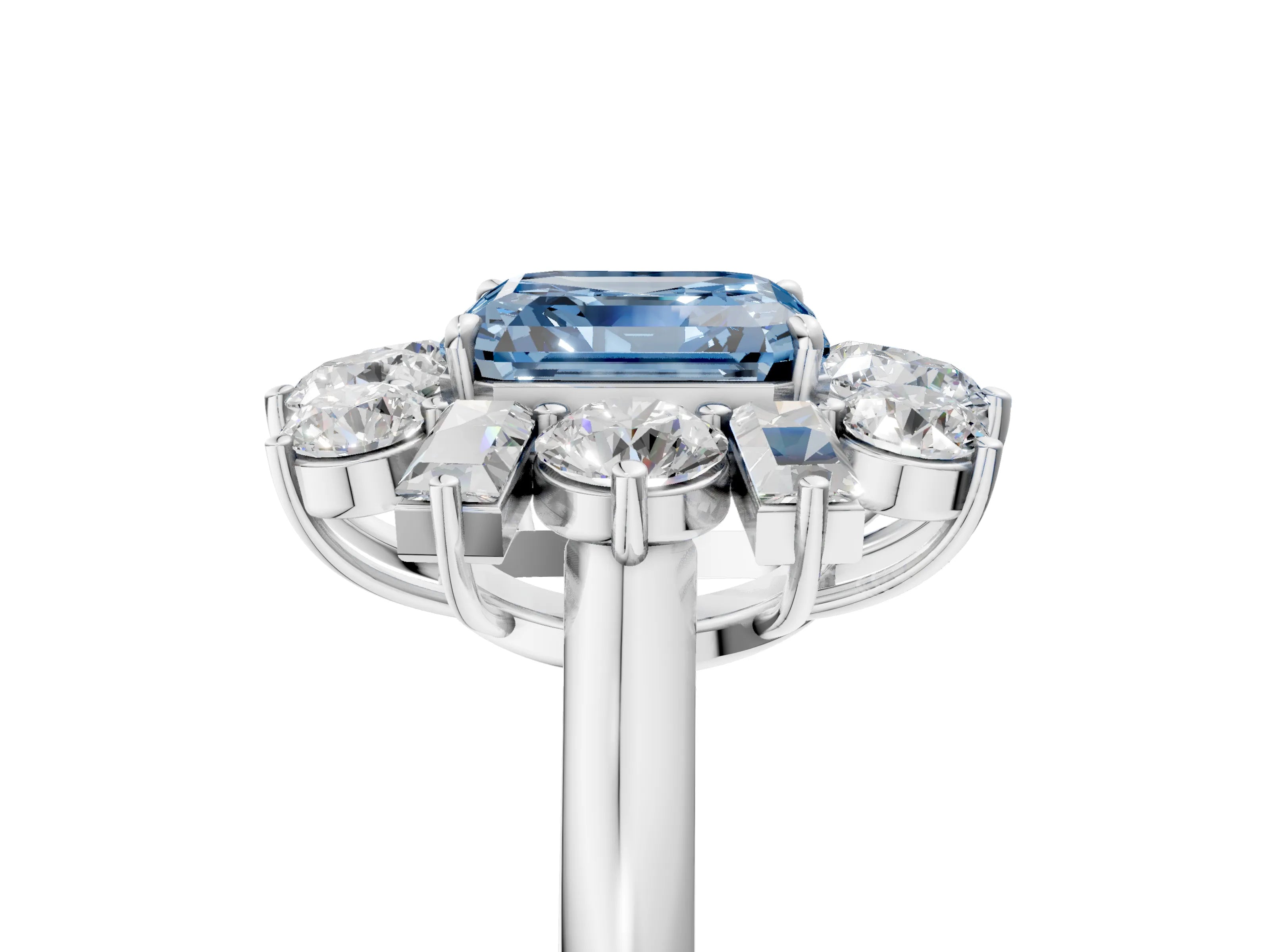 White gold Fancy Blue Asscher Cut Diamond Cluster Ring with Round and Baguette Stones, Split Shank Band, Prong Setting_5