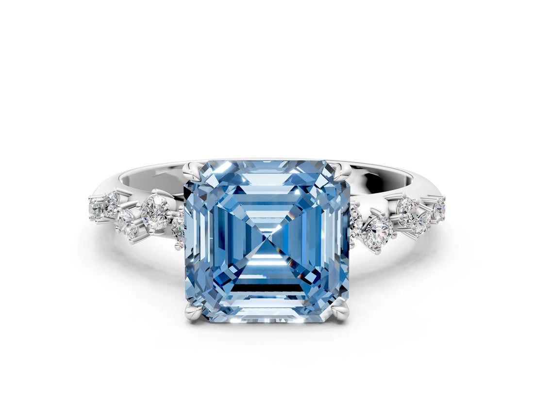 White gold Fancy Blue Asscher Cut Diamond Cluster Side Stone Solitaire Ring with Prong Setting_111