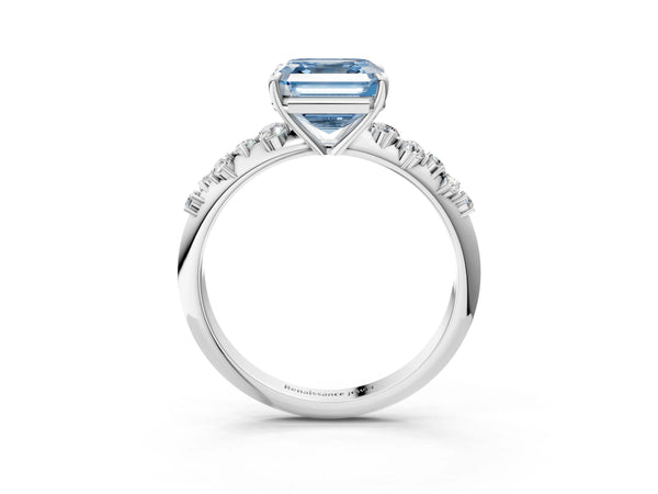 White Gold Asscher Cut Graduated Cluster Engagement Ring Setting for Fancy Blue Center