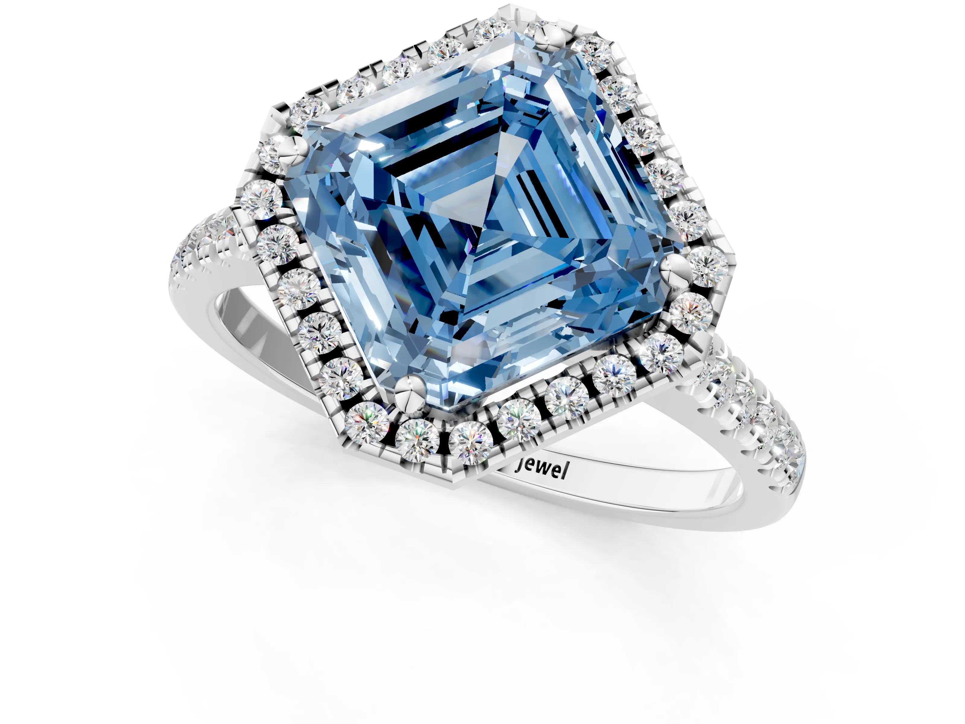 White gold Fancy Blue Asscher Cut Diamond Cushion Halo Ring with Pavé Band_1
