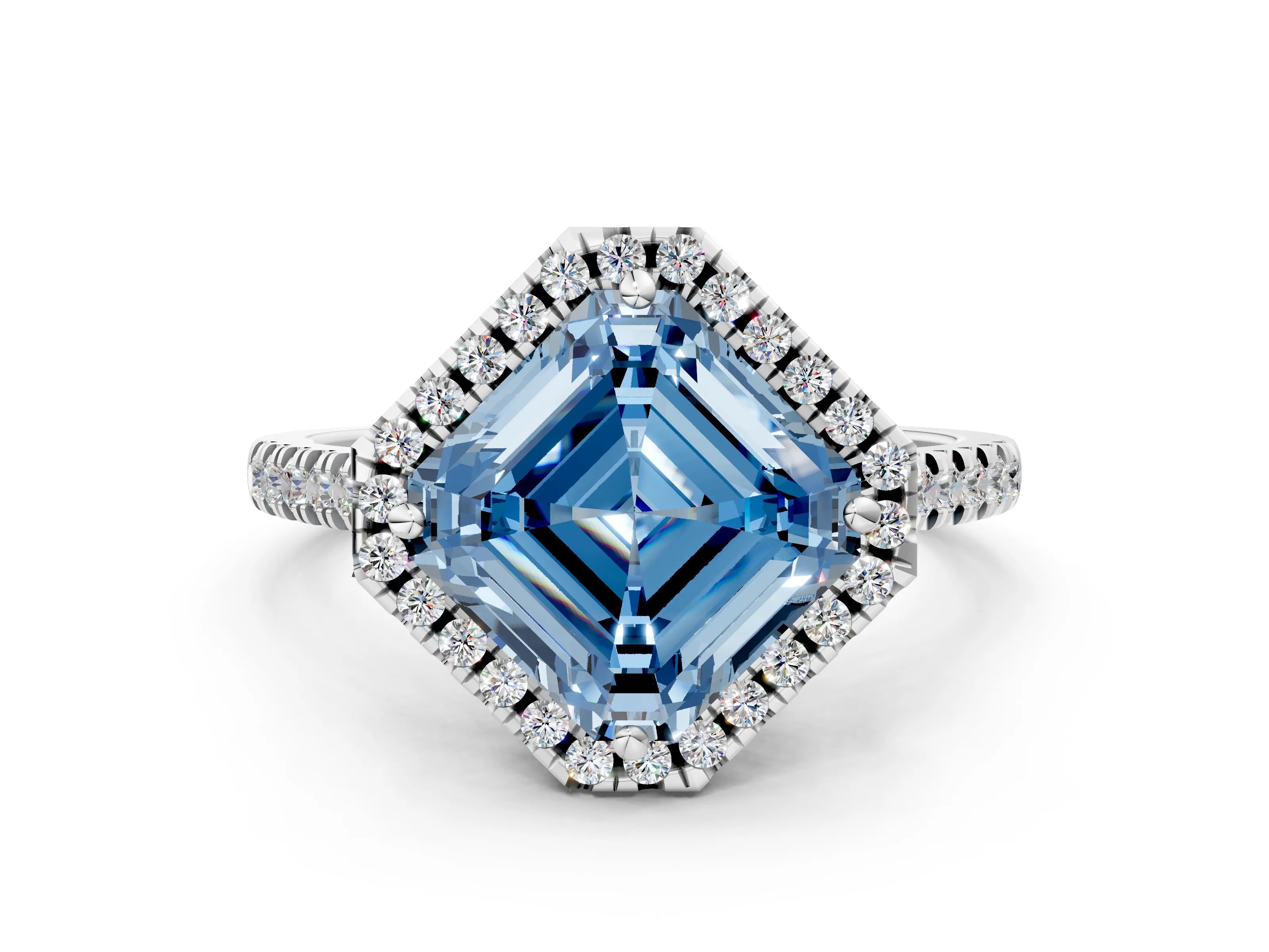 White gold Fancy Blue Asscher Cut Diamond Cushion Halo Ring with Pavé Band_21