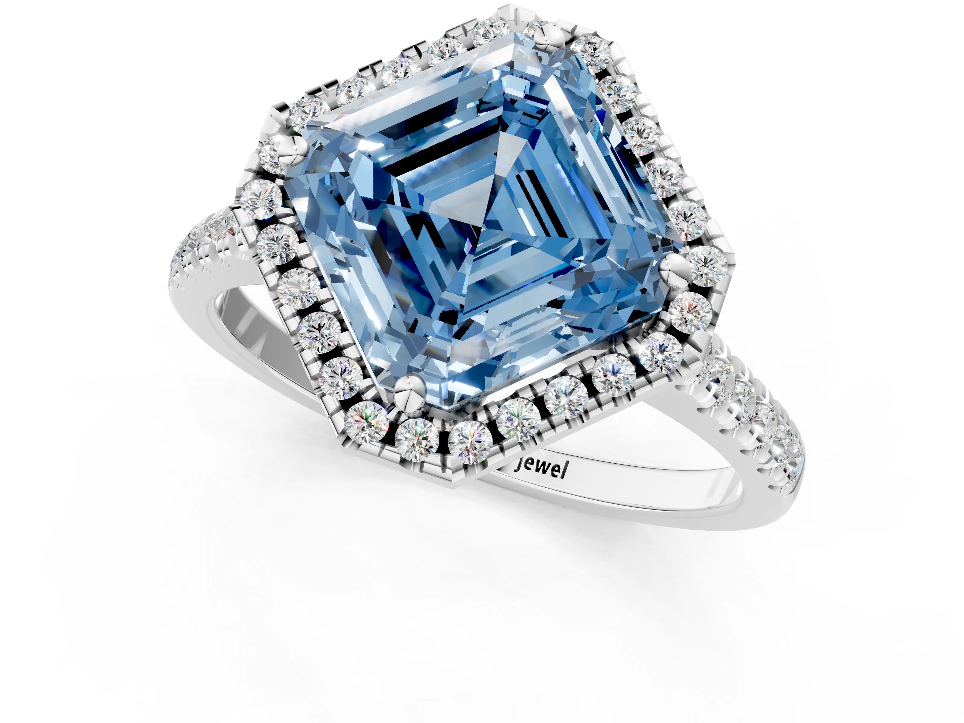 White gold Fancy Blue Asscher Cut Diamond Cushion Halo Ring with Pavé Band_22