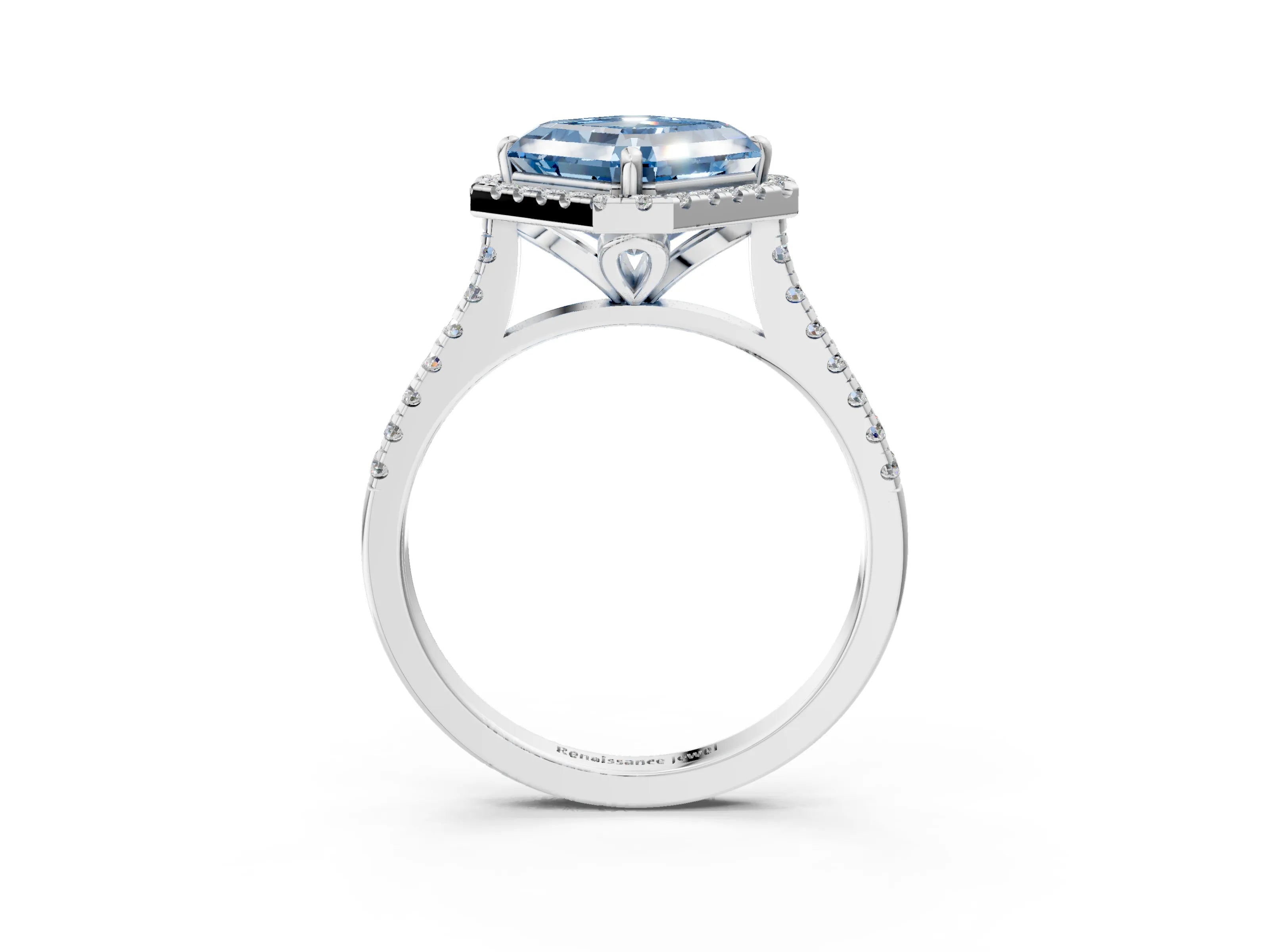 White gold Fancy Blue Asscher Cut Diamond Cushion Halo Ring with Pavé Band_24