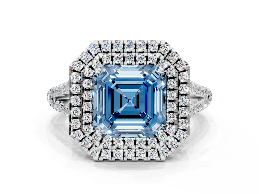 White gold Fancy Blue Asscher Cut Diamond Double Halo Ring with Pavé Band and Prong Setting_41
