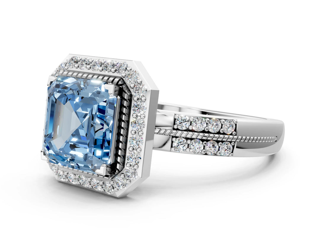 White gold Fancy Blue Asscher Cut Diamond Double Halo Ring with Split Shank and Four-Prong Setting_12