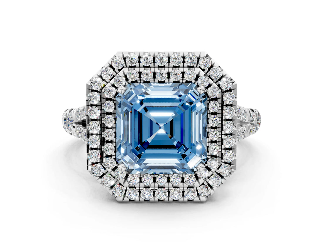 White gold Fancy Blue Asscher Cut Diamond Double Halo Ring with Split Shank and Prong Setting_27