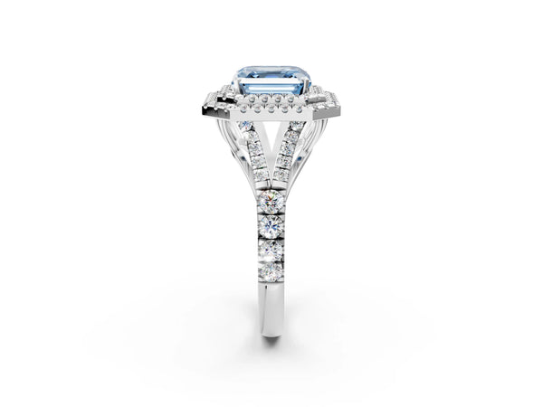 White gold Fancy Blue Asscher Cut Diamond Double Halo Ring with Split Shank and Prong Setting