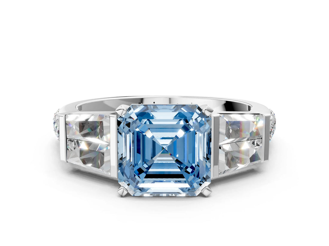 White gold Fancy Blue Asscher Cut Diamond Engagement Ring with Baguette Side Stones and Channel Set Band_17