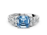White gold Fancy Blue Asscher  Cut Diamond Engagement Ring with Bezel Set Round Side Stones and Prong Setting_41