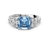 White gold Fancy Blue Asscher  Cut Diamond Engagement Ring with Bezel Set Round Side Stones and Prong Setting_53