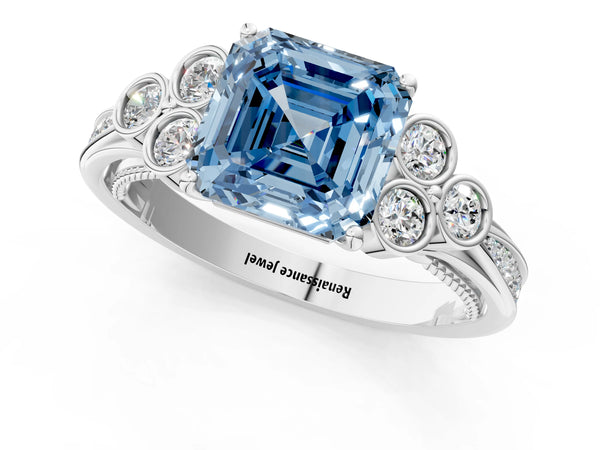 Platinum Asscher Cut Engagement Ring Setting for Fancy Blue Center with Bezel-Set Shoulder Clusters