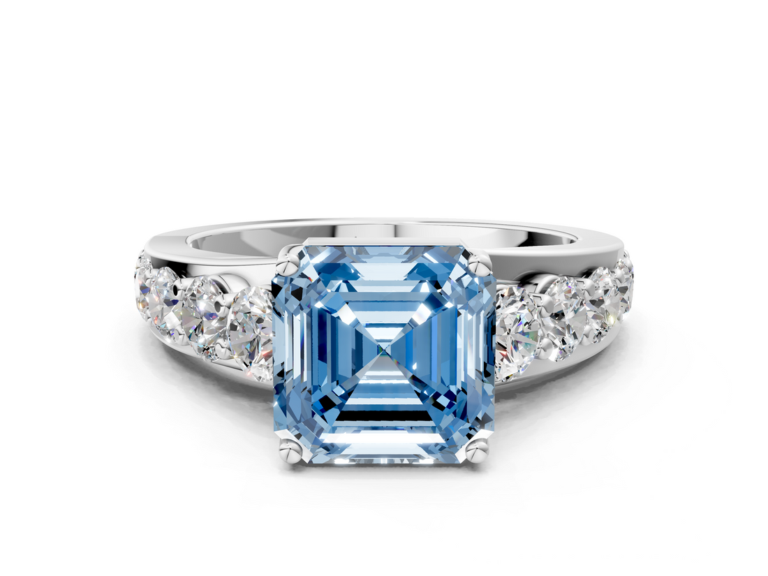 White gold Fancy Blue Asscher  Cut Diamond Engagement Ring with Pavé Band and Four-Prong Setting_3