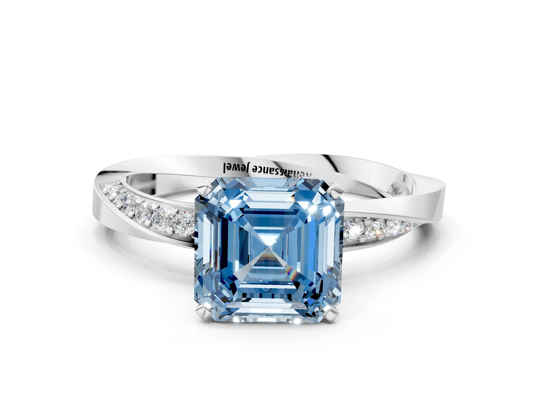 White gold Fancy Blue Asscher Cut Diamond Engagement Ring with Side Stone Accents and Four-Prong Setting_24
