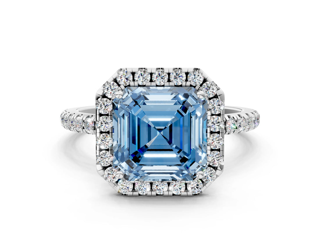 White gold Fancy Blue Asscher  Cut Diamond Floral Halo Engagement Ring with Pavé Band and Prong Setting_29