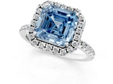 White gold Fancy Blue Asscher  Cut Diamond Floral Halo Engagement Ring with Pavé Band and Prong Setting_30