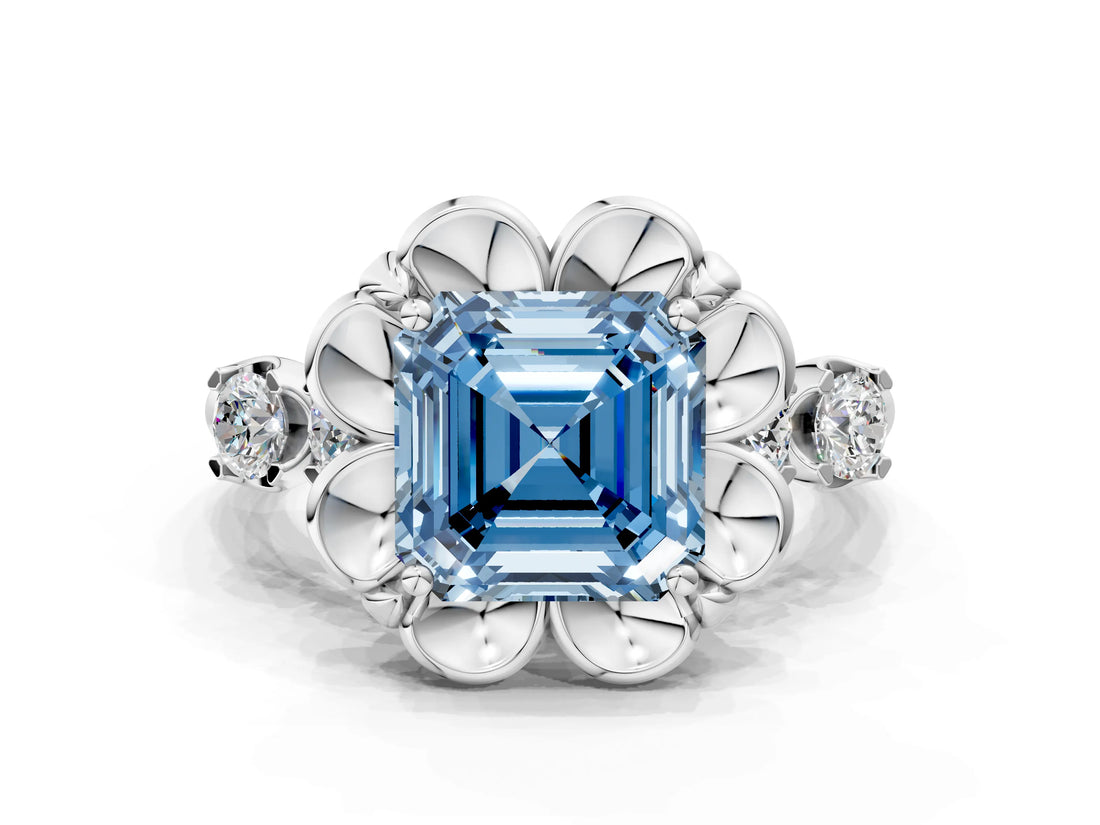 White gold Fancy Blue Asscher  Cut Diamond Floral Halo Engagement Ring with Shared Prong Setting 1
