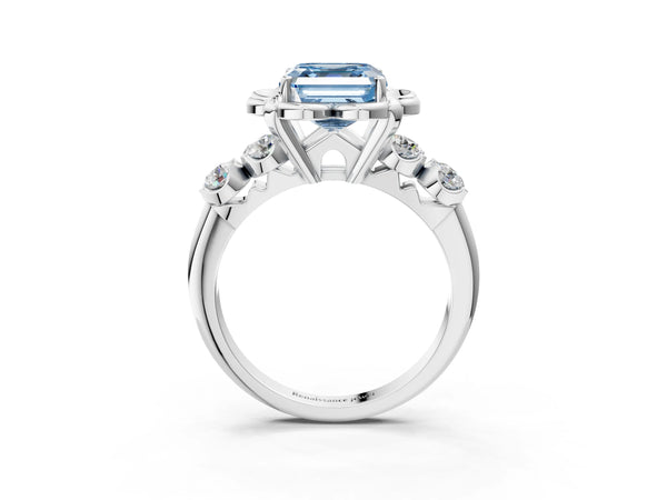 White Gold Asscher Cut Floral Engagement Ring Setting for Fancy Blue Center with Side Accents