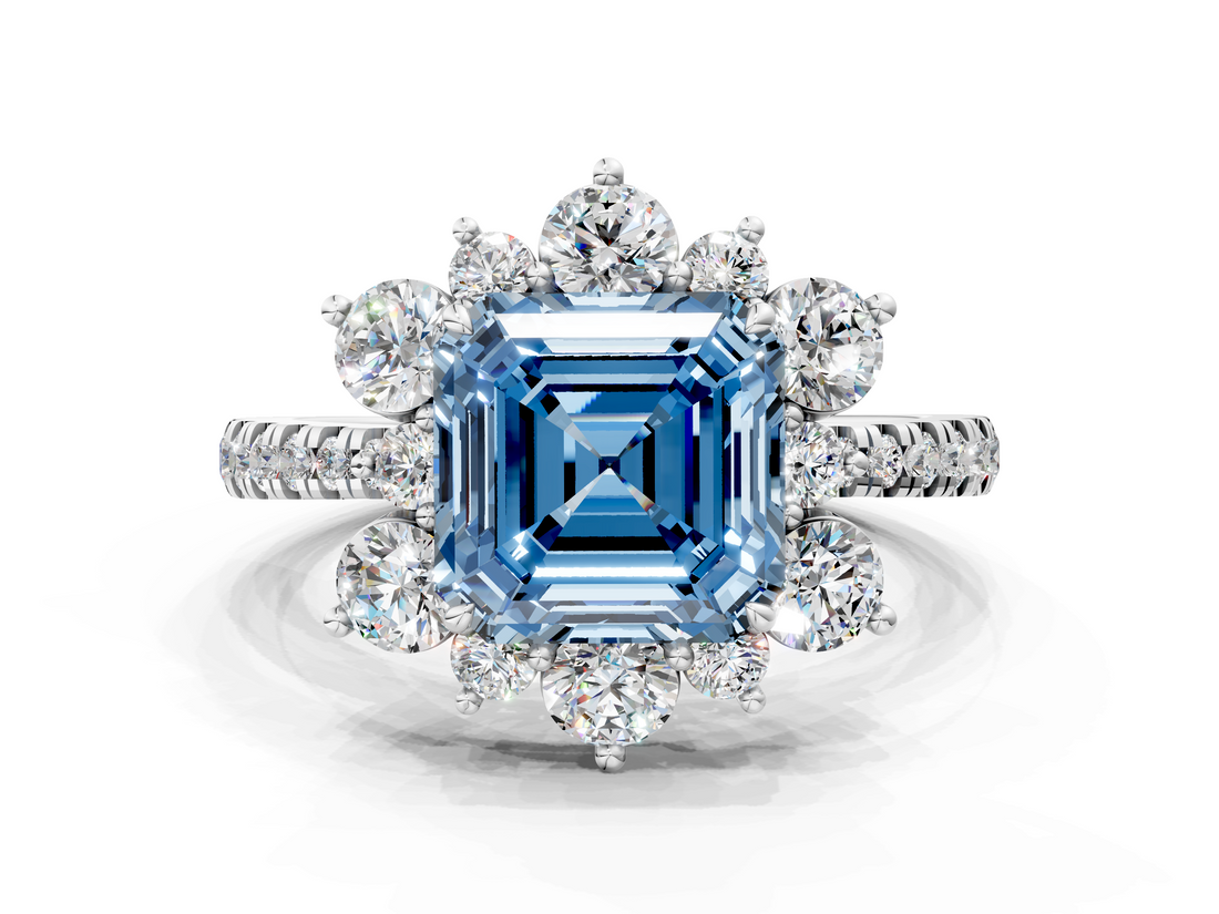 White gold Fancy Blue Asscher  Cut Diamond Floral Halo Pave Band with Prong Setting