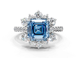 White gold Fancy Blue Asscher  Cut Diamond Floral Halo Pave Band with Prong Setting