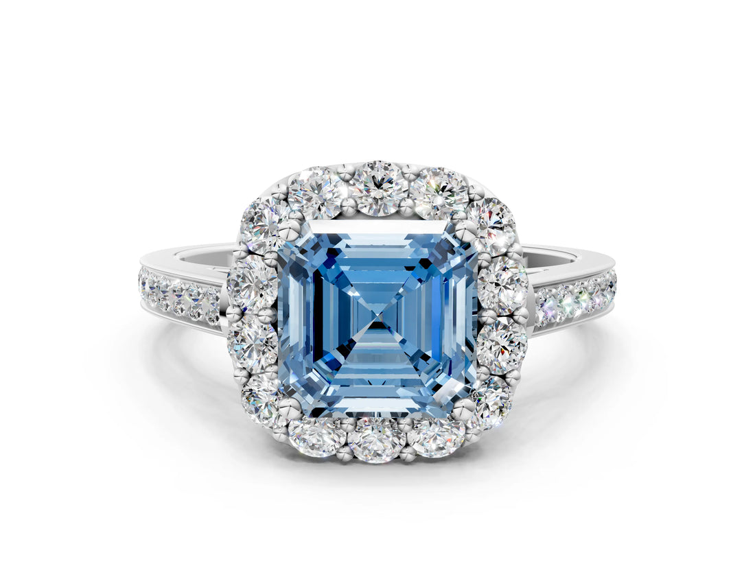 White gold Fancy Blue Asscher Cut Diamond Floral Halo Ring with Pavé Band and Prong Setting_7