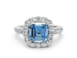 White gold Fancy Blue Asscher Cut Diamond Floral Halo Ring with Pavé Band and Prong Setting_7