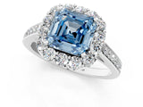 White gold Fancy Blue Asscher Cut Diamond Floral Halo Ring with Pavé Band and Prong Setting_8
