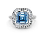 White gold Fancy Blue Asscher Cut Diamond Floral Halo Split Shank Prong Setting Ring
