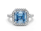 White gold Fancy Blue Asscher Cut Diamond Halo Engagement Ring with Pavé Band and Prong Setting_39