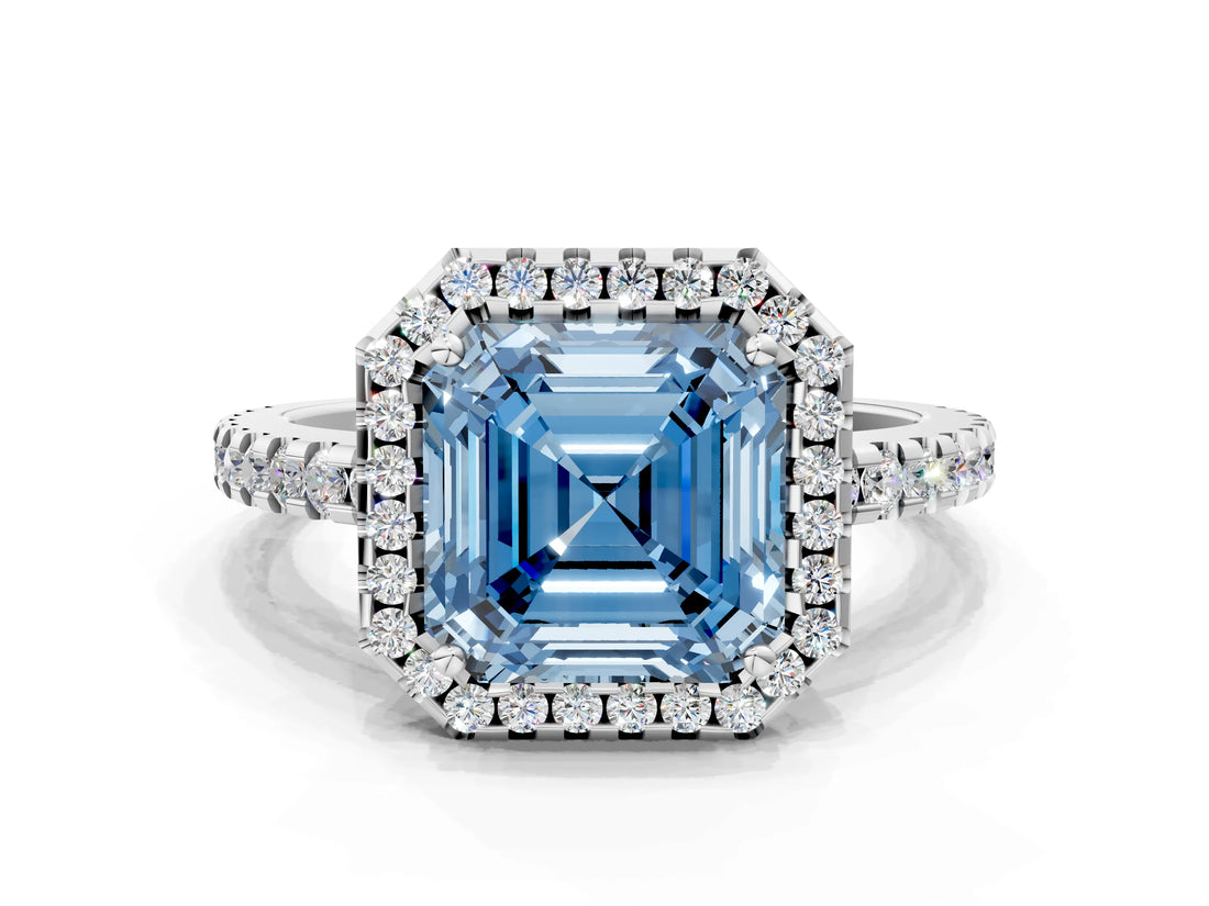White gold Fancy Blue Asscher Cut Diamond Halo Engagement Ring with Pavé Band and Prong Setting_39