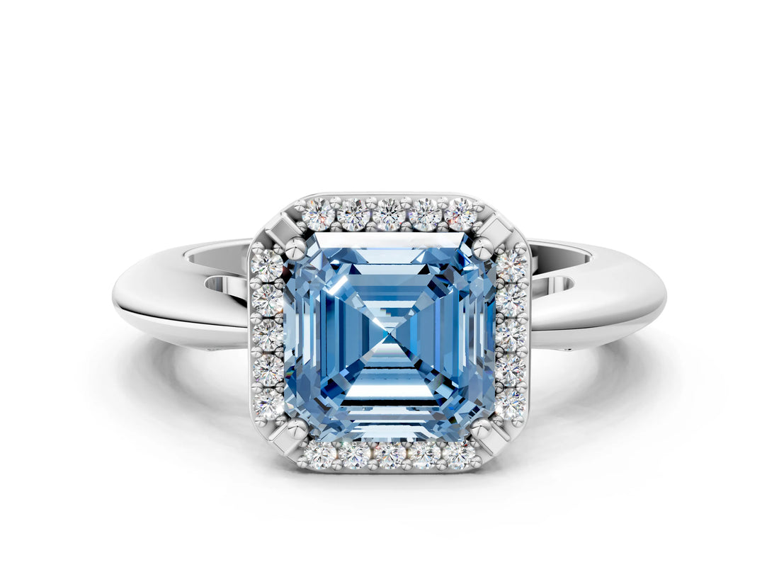 White gold Fancy Blue Asscher  Cut Diamond Halo Engagement Ring with Split Shank and Four-Prong Setting_46