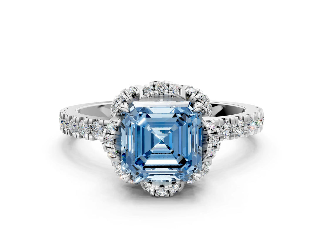 White gold Fancy Blue Asscher Cut Diamond Halo Pave Band with Four-Prong Setting_21