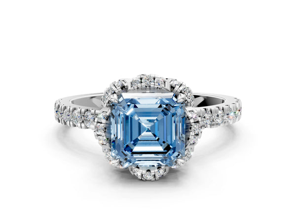Sterling Silver Asscher Cut Four Petal Floral Halo Engagement Ring Setting for Fancy Blue Center