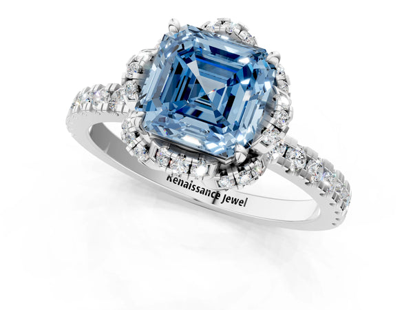 Platinum Asscher Cut Four Petal Floral Halo Engagement Ring Setting for Fancy Blue Center