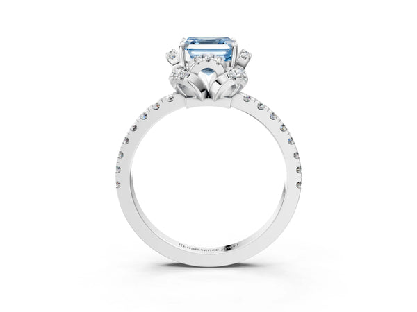 Platinum Asscher Cut Four Petal Floral Halo Engagement Ring Setting for Fancy Blue Center