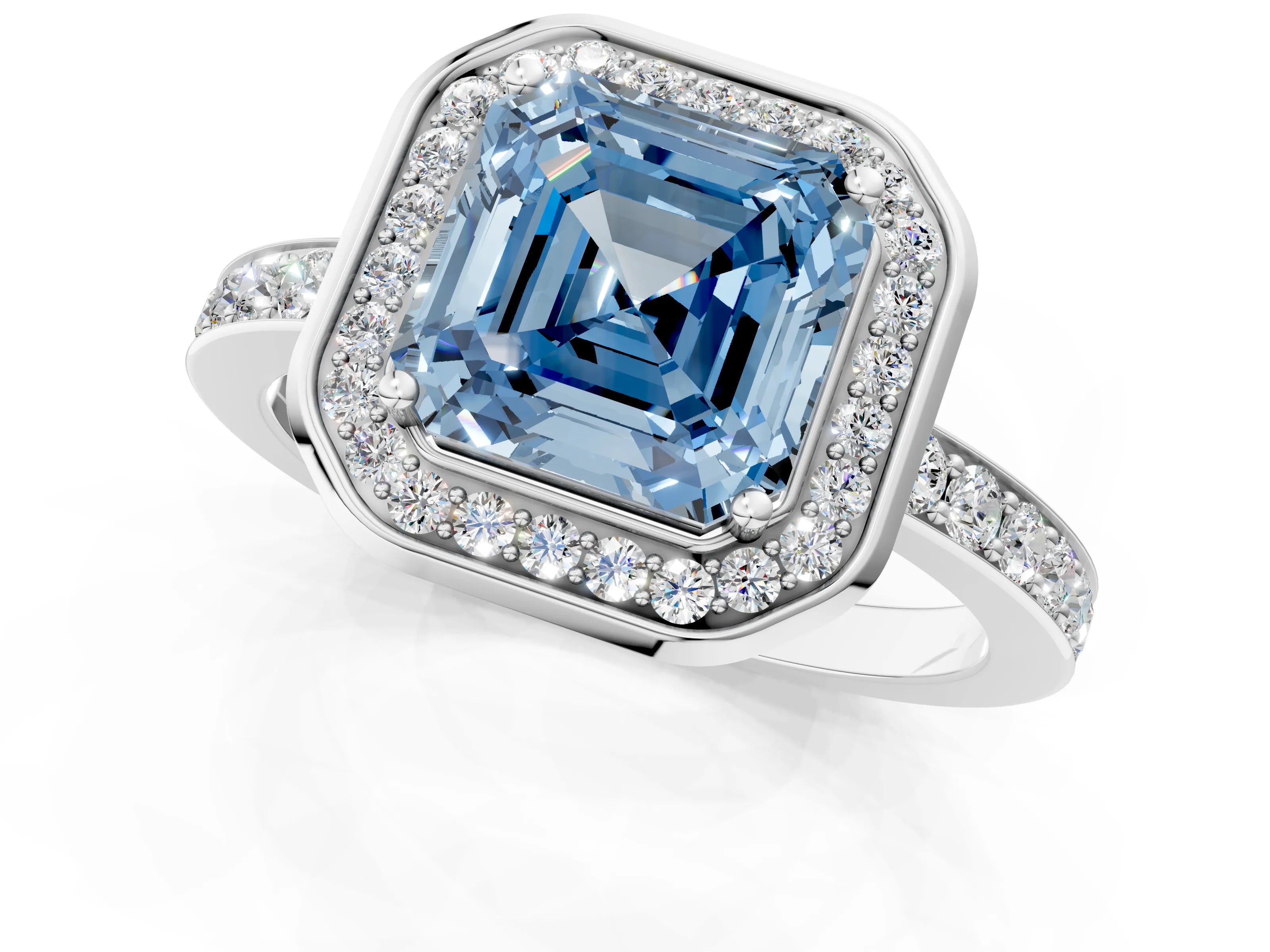White gold Fancy Blue Asscher Cut Diamond Halo Ring with Bezel Frame and Pavé Band_1