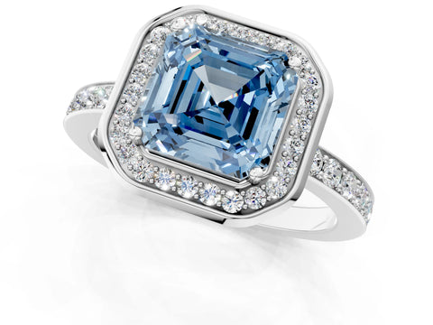 White gold Fancy Blue Asscher Cut Diamond Halo Ring with Bezel Frame and Pavé Band_1
