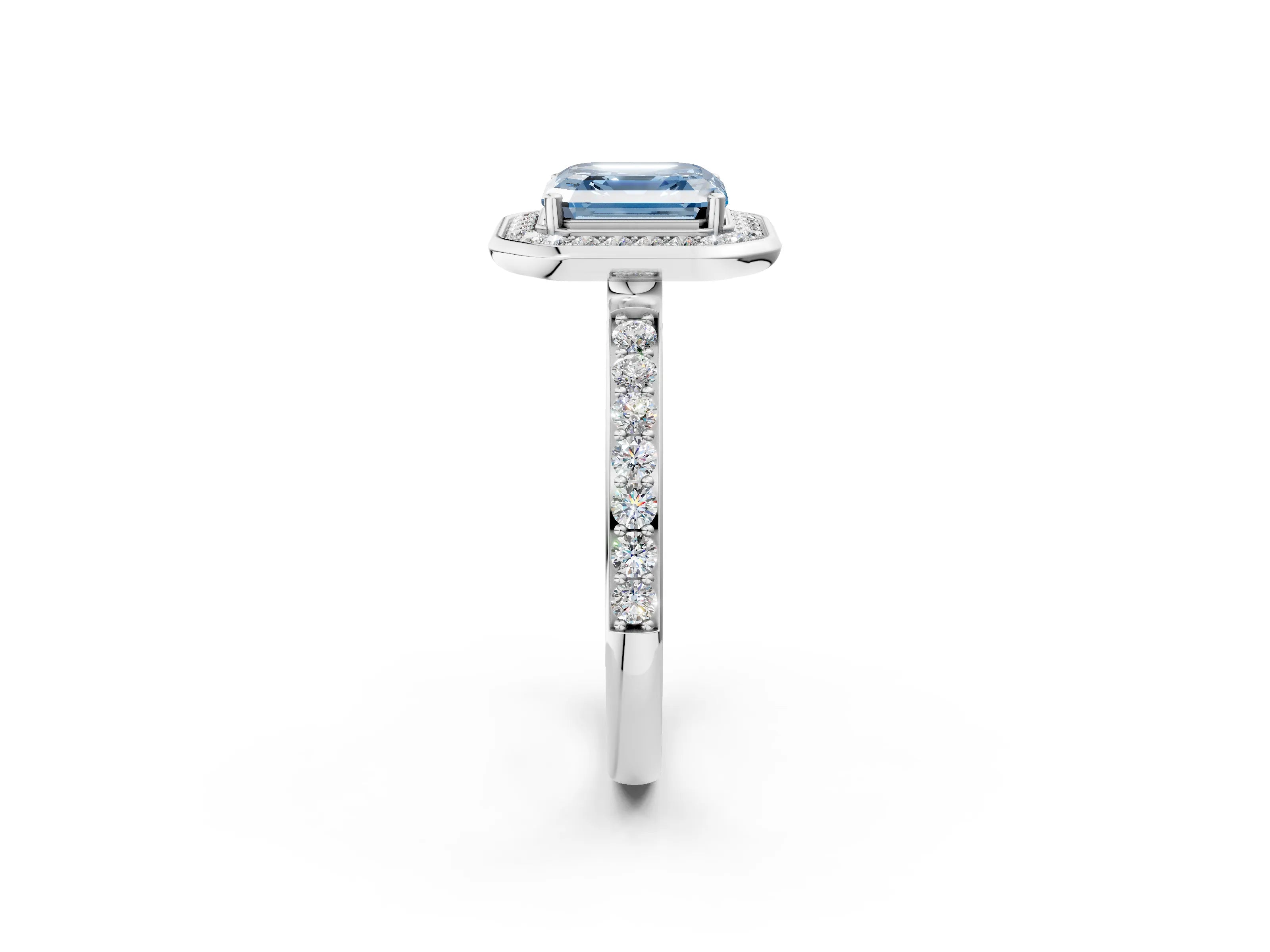 White gold Fancy Blue Asscher Cut Diamond Halo Ring with Bezel Frame and Pavé Band_2