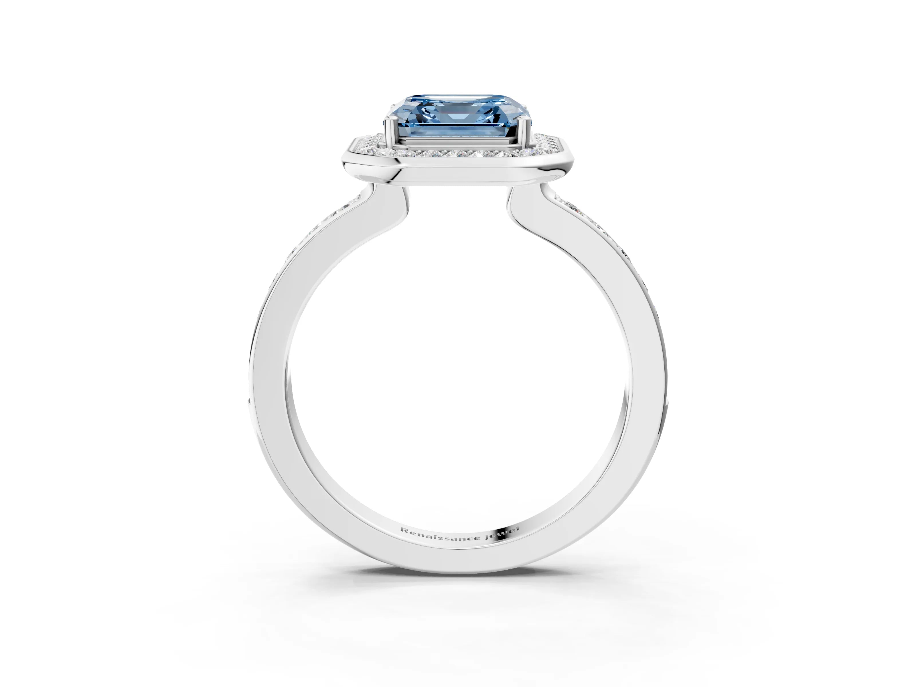 White gold Fancy Blue Asscher Cut Diamond Halo Ring with Bezel Frame and Pavé Band_3